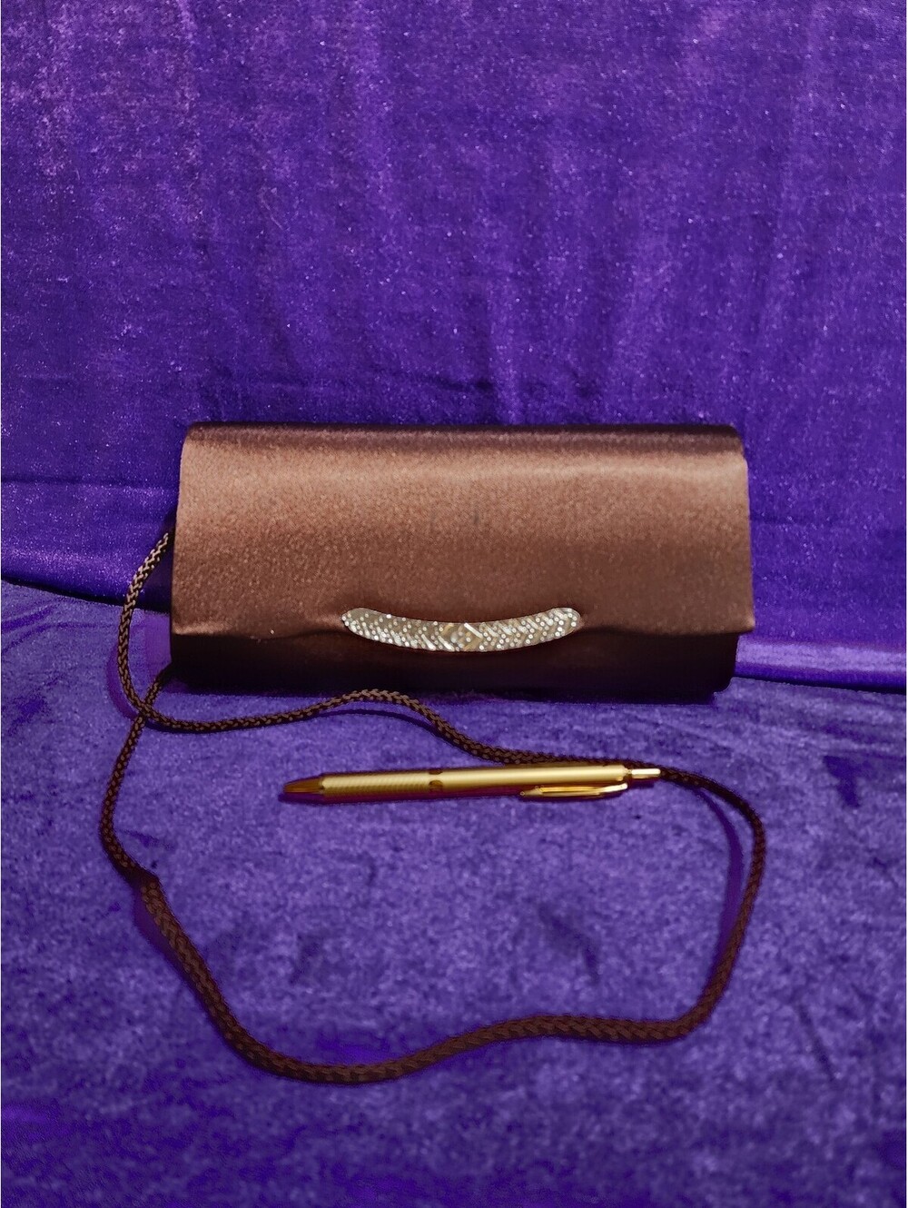 Elegant Brown Satin Evening Clutch Bag with Beaded Detail and Chain Strap